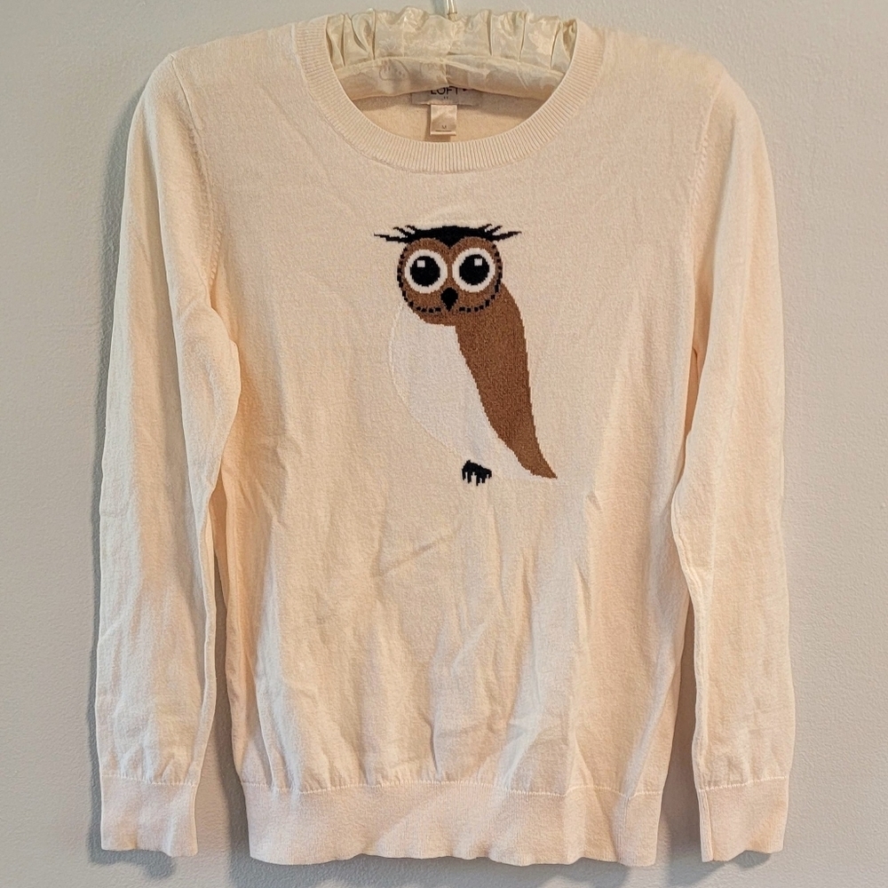 M Loft 100% Cotton Owl Graphic Sweater Lightweight Natural Fiber Cozy Preppy